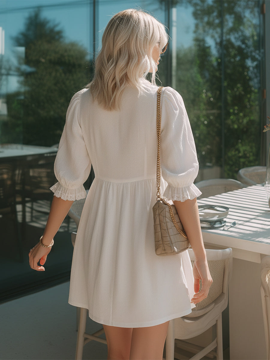 Romantic Bohemian White Crinkled Cotton Lace Trim V-Neck Button Mini Dress