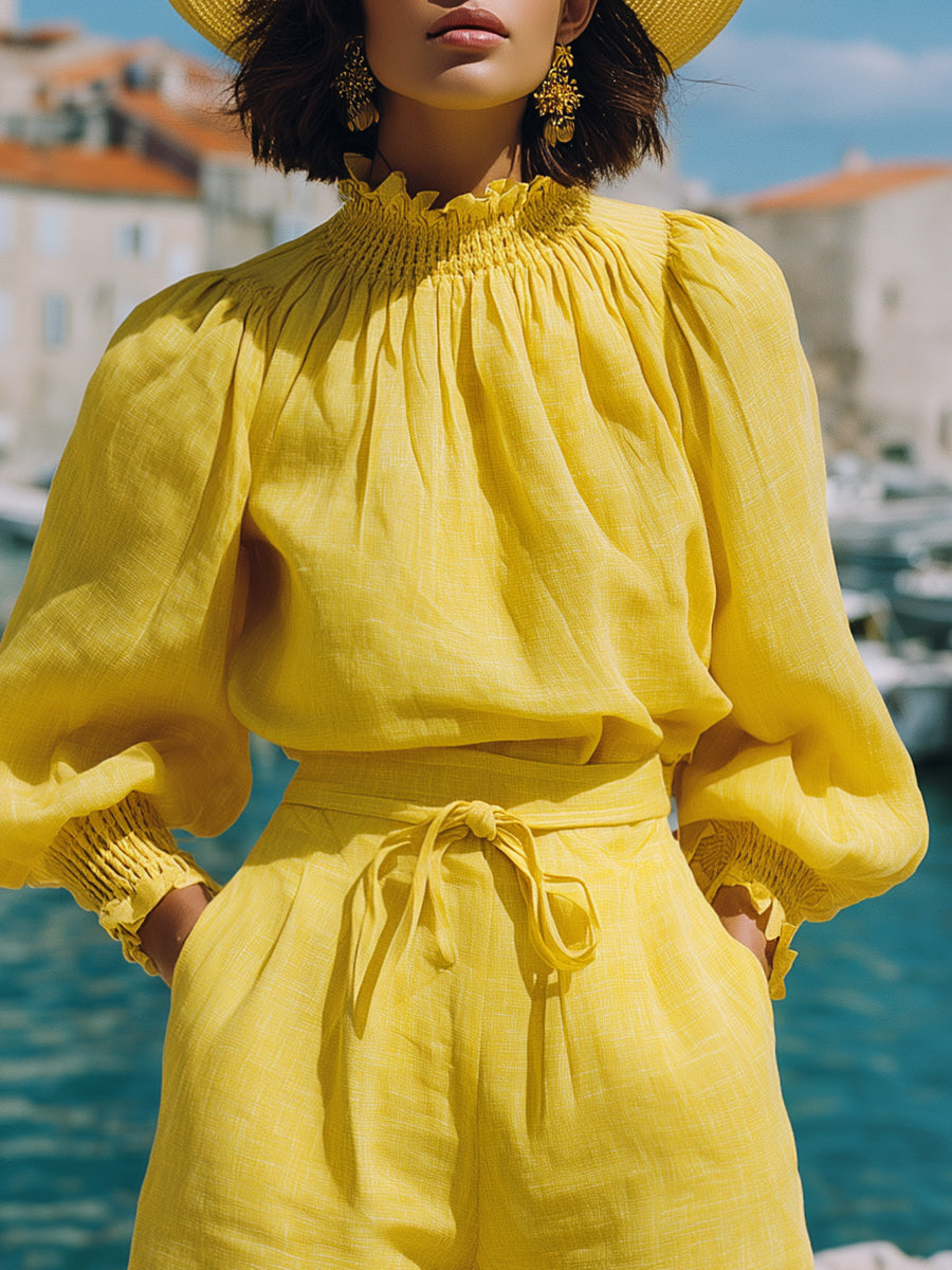 Romantic Bohemian Yellow Cotton Linen Top And Shorts Set