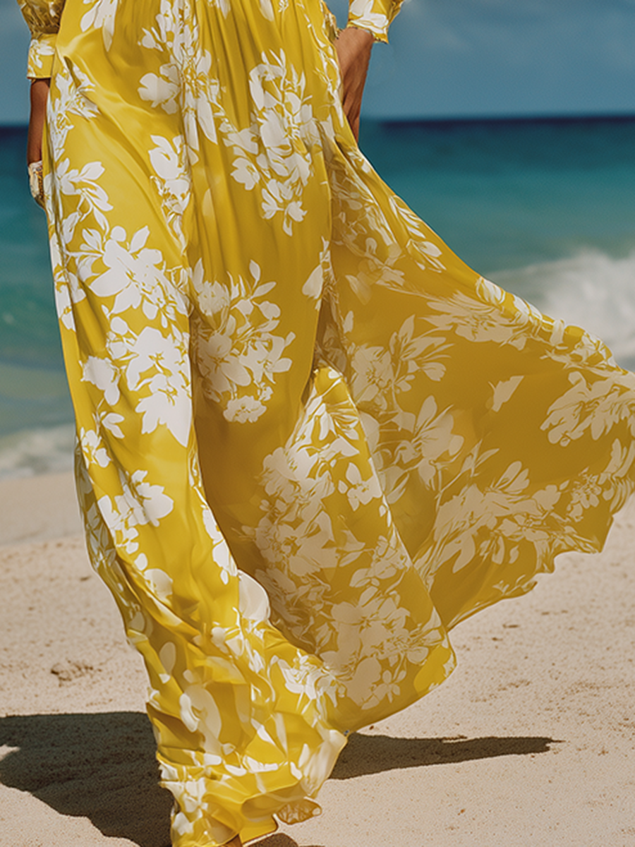 V-neck Long-sleeved Satin Printed Maxi Dress