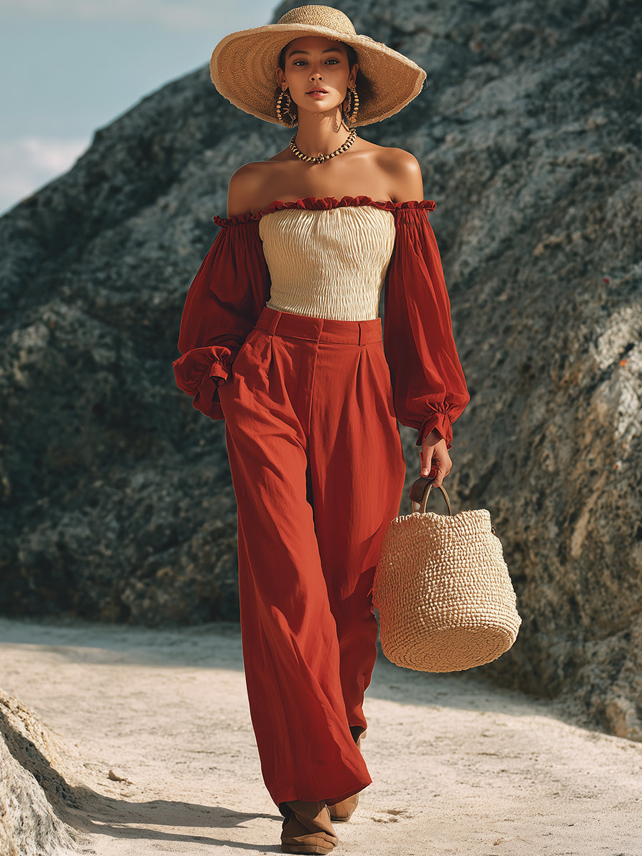 Bohemian Resort Style Rust Red And Beige Color-Blocked Cotton Linen Off-Shoulder Puff Sleeve Top And Wide-Leg Pants Set