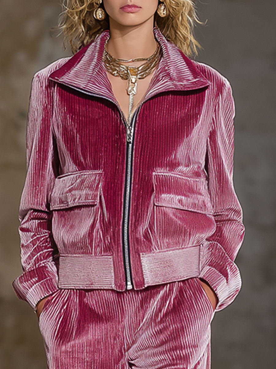 Casual Fashion Retro Pink Corduroy Jacket Pants Set