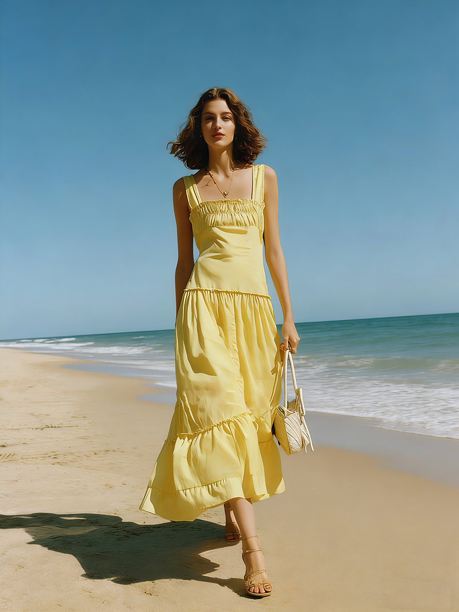 Vacation-style Yellow Cotton Off-the-shoulder Maxi Dress