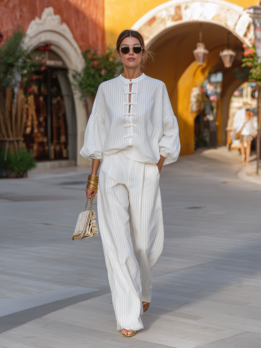 Casual And Stylish Chinese Knot Buttons Striped Cotton Shirt And Wide-leg Trousers Set