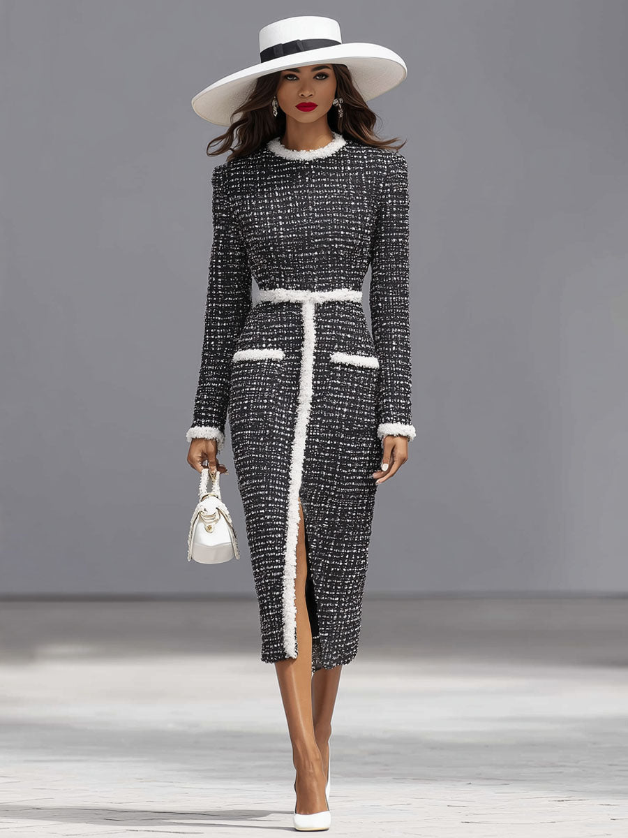 Round Neck Tweed Contrasting Hem Slit Midi Dress