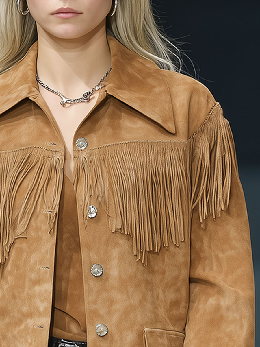 Casual Vintage Khaki Faux Suede Fringe Jacket