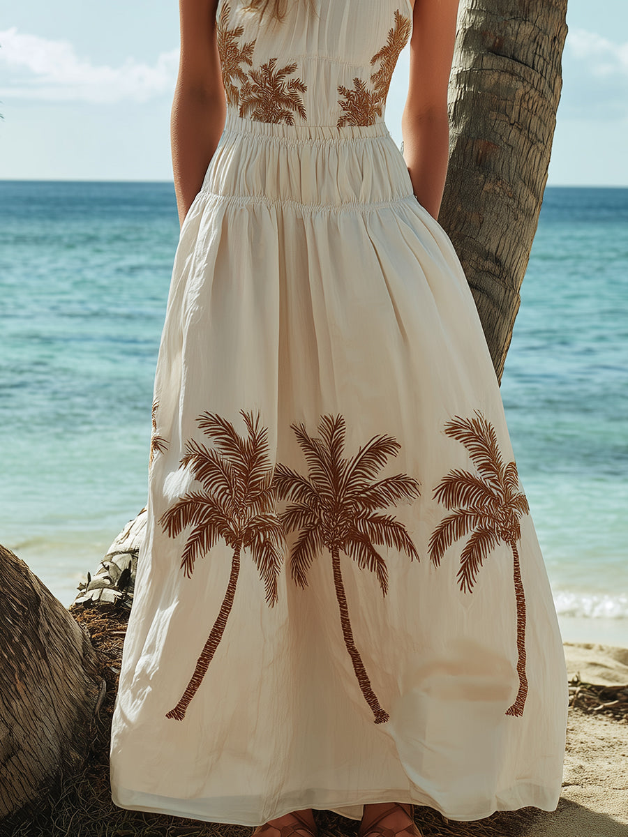 Tropical Resort Coconut Tree Embroidered Beige Cotton Linen Sleeveless Maxi Dress