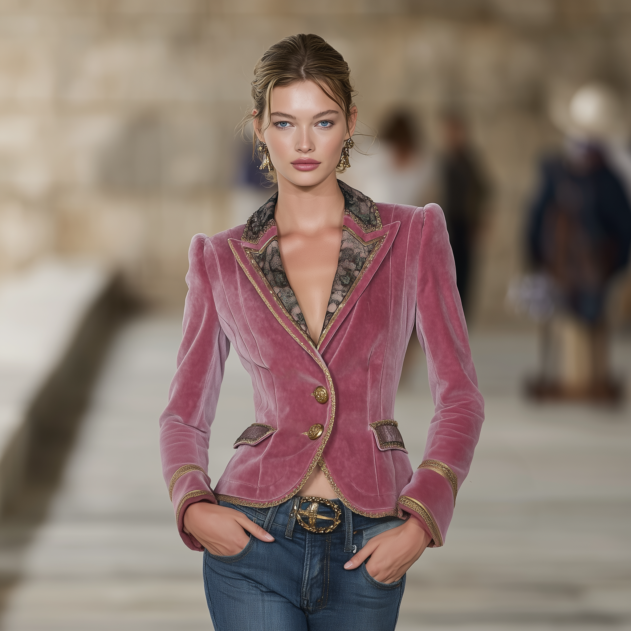 Pink Velvet Collar Lace And Gold Ribbon Blazer