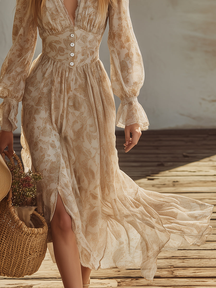 Bohemian V-neck Light Khaki Printed Maxi Dress