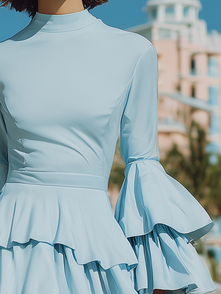 Vacation-style Blue Round-neck Cotton Midi Dress