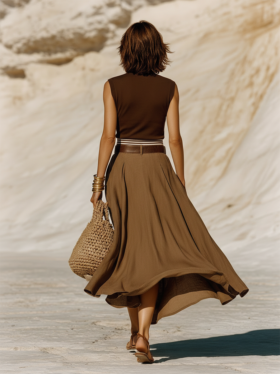 Casual And Stylish Sleeveless Knitted Top And Double-layered Waistband Cotton Skirt Set