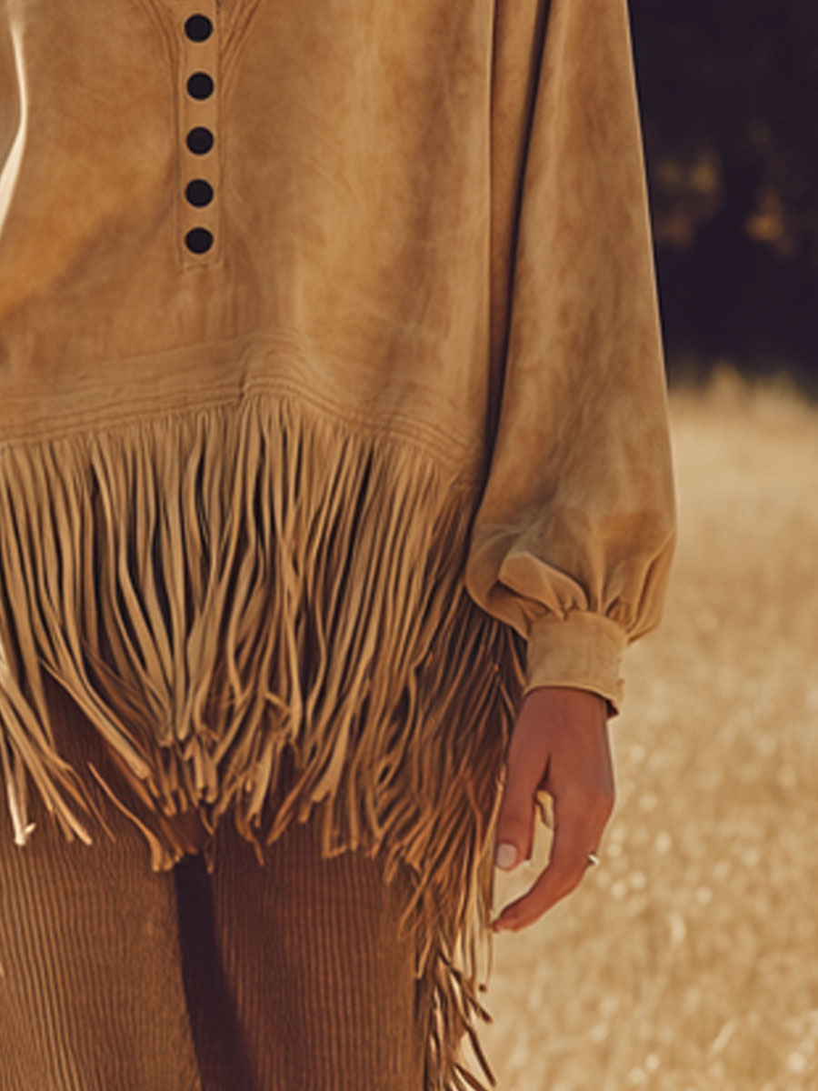 Vintage Long-Sleeved Camel Suede V-Neck Tassel Shirt
