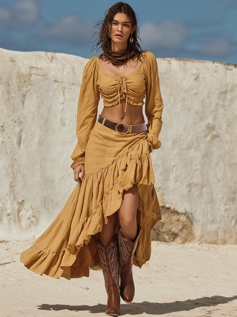 Stylish Ginger Yellow Cotton And Linen Square Neck Top And Ruffled Skirt Set