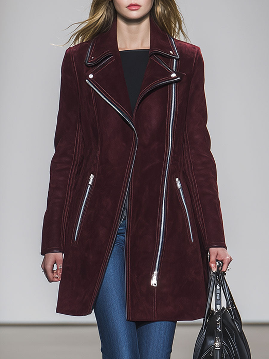 Casual Loose Retro Brown-Red Faux Suede Zipper Coat