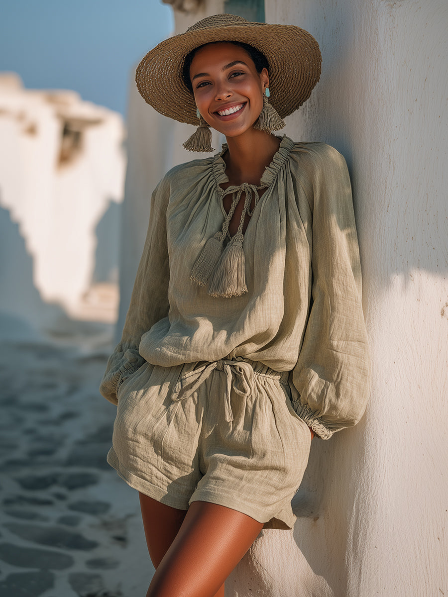 Bohemian Grey-green Cotton Linen Tie-up Tassel Lantern Sleeve Top And Shorts Set