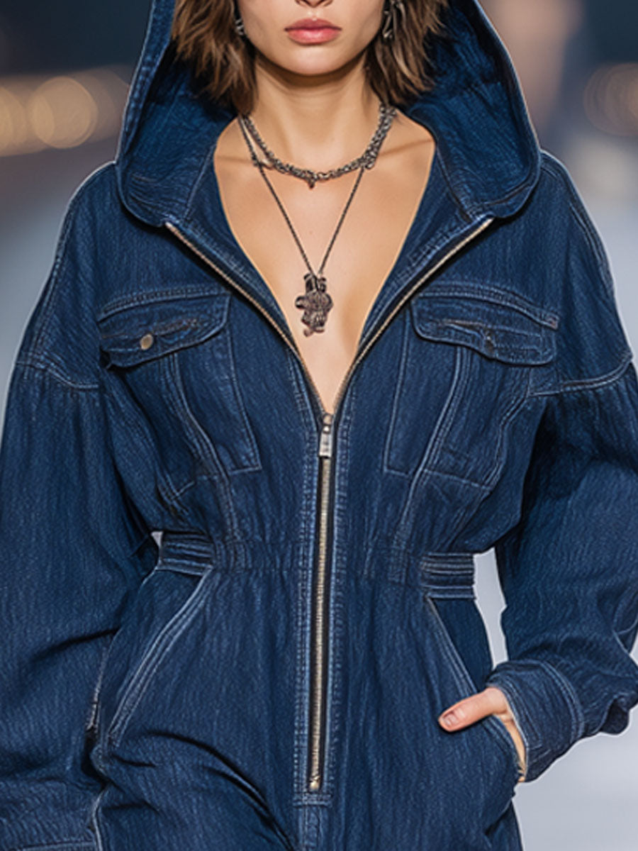 Fashionable Casual Blue Washed Denim Hooded Long-Sleeved Jumpsuit