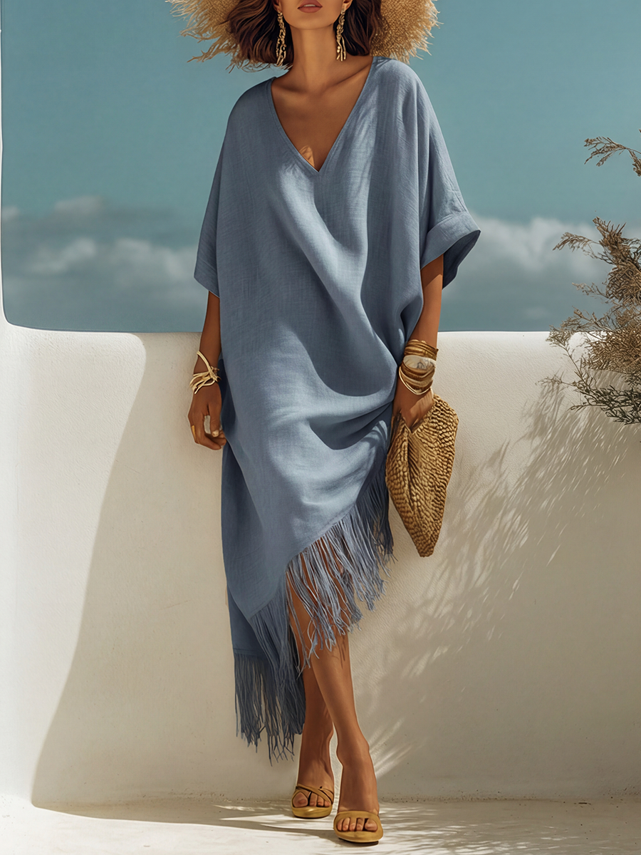 Casual Bohemian Style Fringed V-neck Short-sleeved Beige Maxi Dress