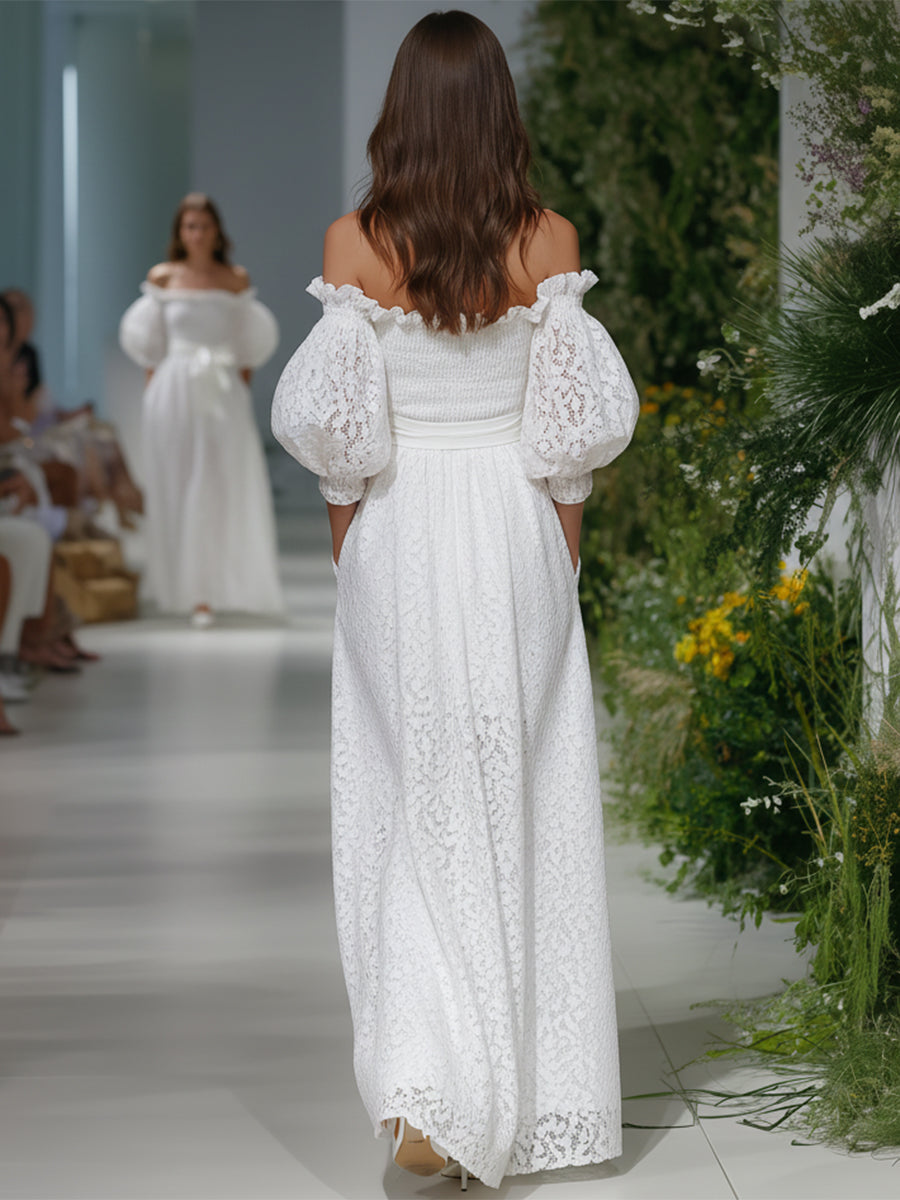 Elegant Bohemian Bow-Waisted White Lace Off-Shoulder Maxi Dress