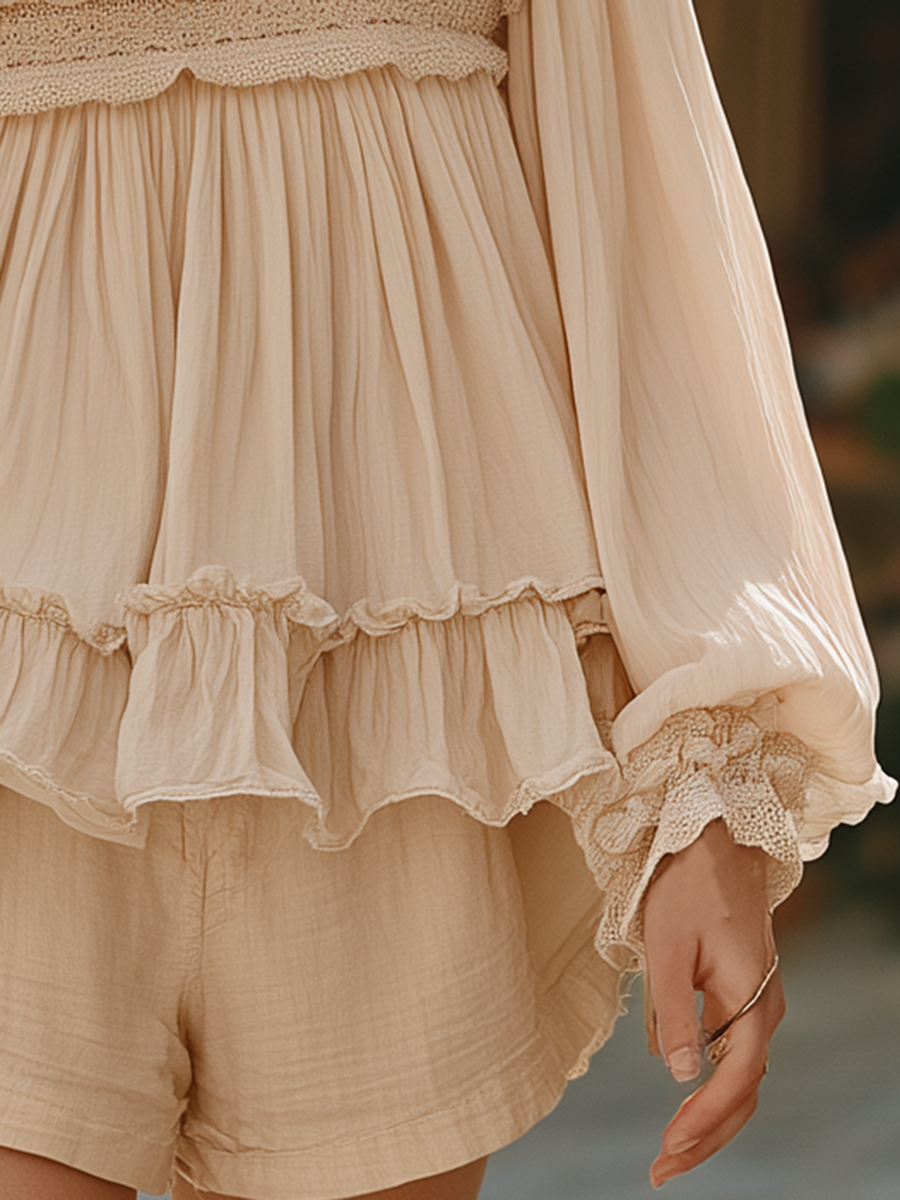 Beige Bohemian Style Long-sleeved Top And Shorts Set