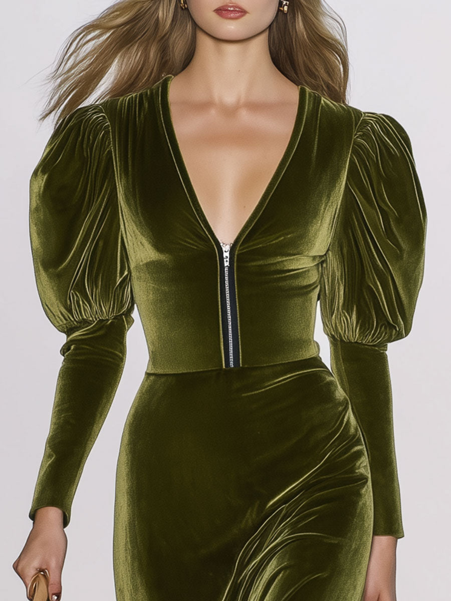V-Neck Vintage Green Velvet Long-Sleeved Midi Dress