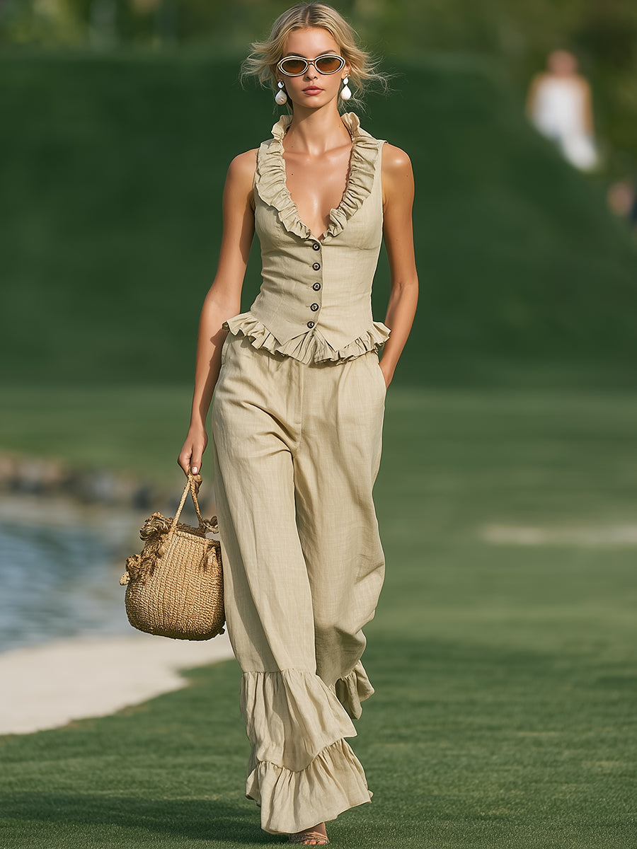 French-style Resort-style Beige Cotton-linen Single-breasted Vest And Ruffles Wide-leg Trousers Set