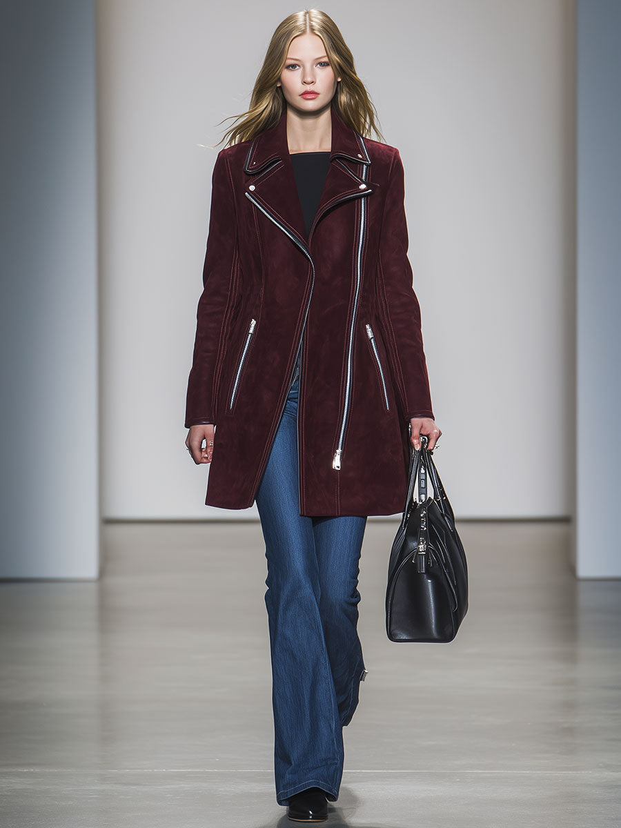 Casual Loose Retro Brown-Red Faux Suede Zipper Coat