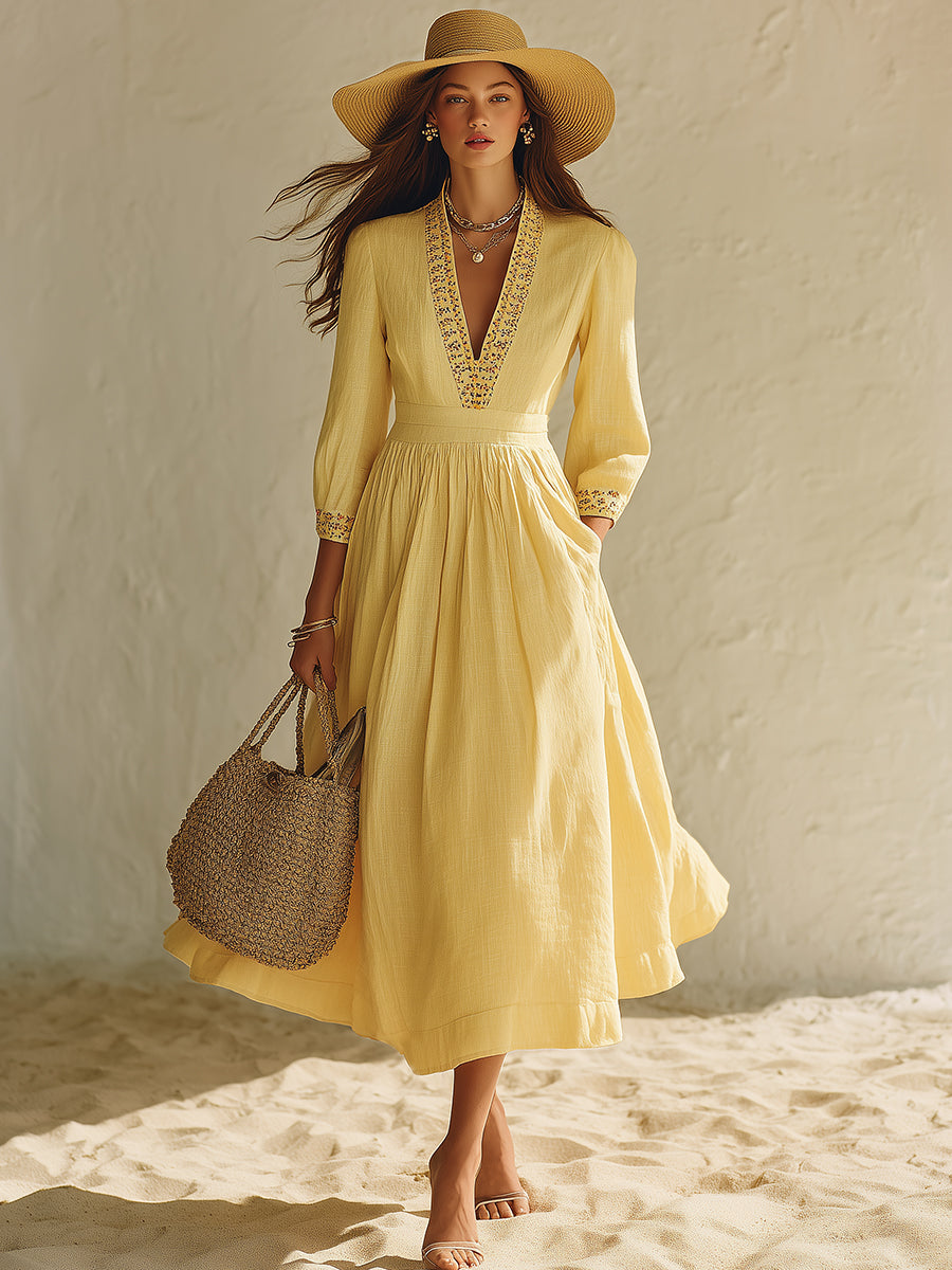 Mediterranean Romantic Pale Yellow Cotton Linen Embroidered V-Neck Midi Dress