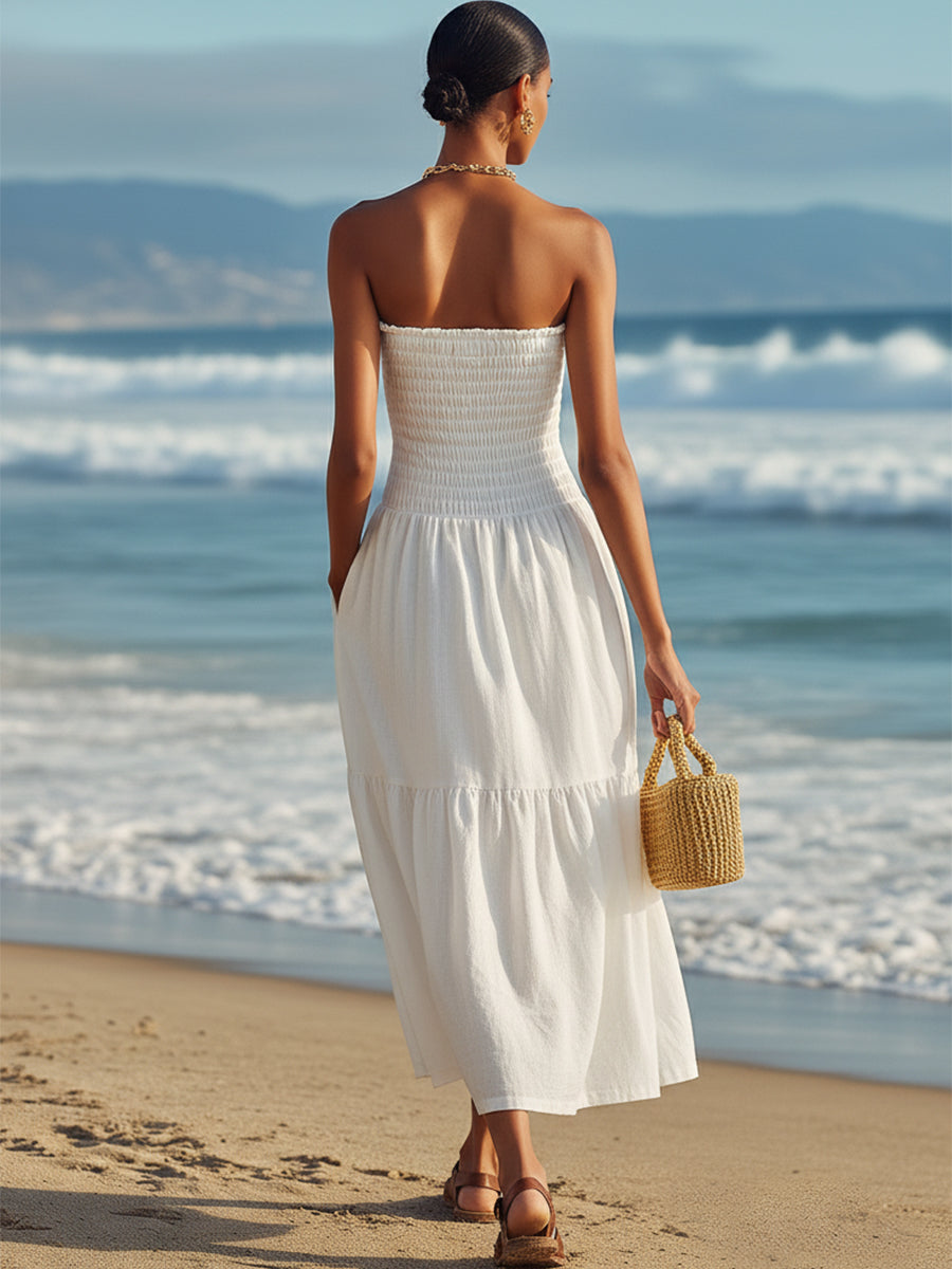 Casual Vacation White Cotton And Linen Strapless Midi Dress
