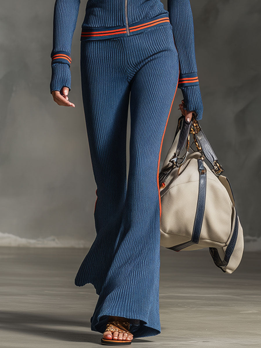Casual Retro Striped Navy Blue Zipper Cardigan Sweater Flared Pants Set