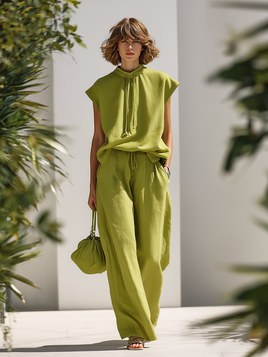 Vacation-style Cotton And Linen Sleeveless Round-neck Top And Trousers Set