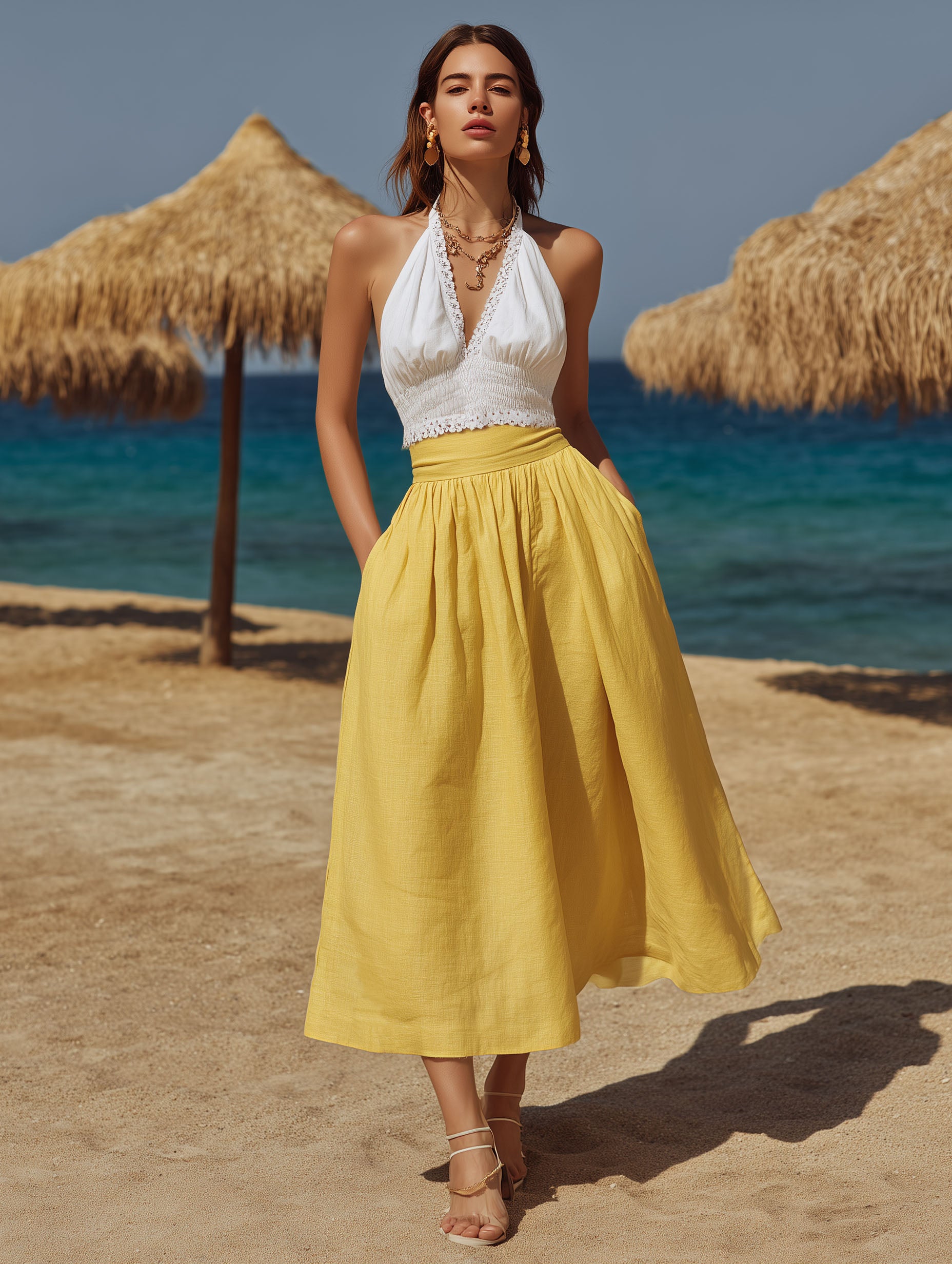 Resort-Style White Lace-Trimmed Top And Yellow Cotton-Linen Skirt Set