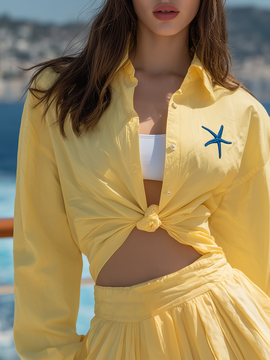 Beach Sports Starfish Embroidered Yellow Striped Shirt And Skirt Set