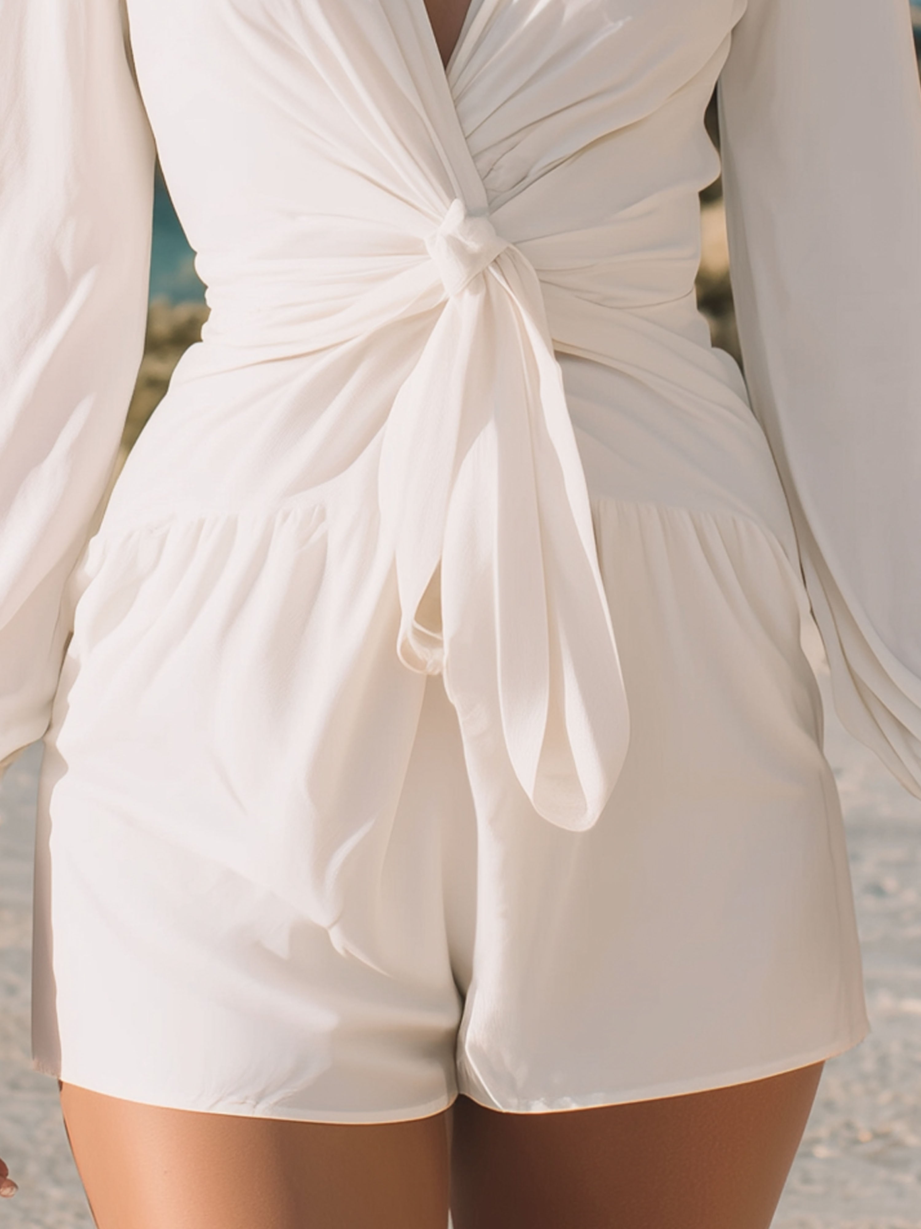 Vacation Long-Sleeved Shirt V-Neck  Belted Jumpsuit