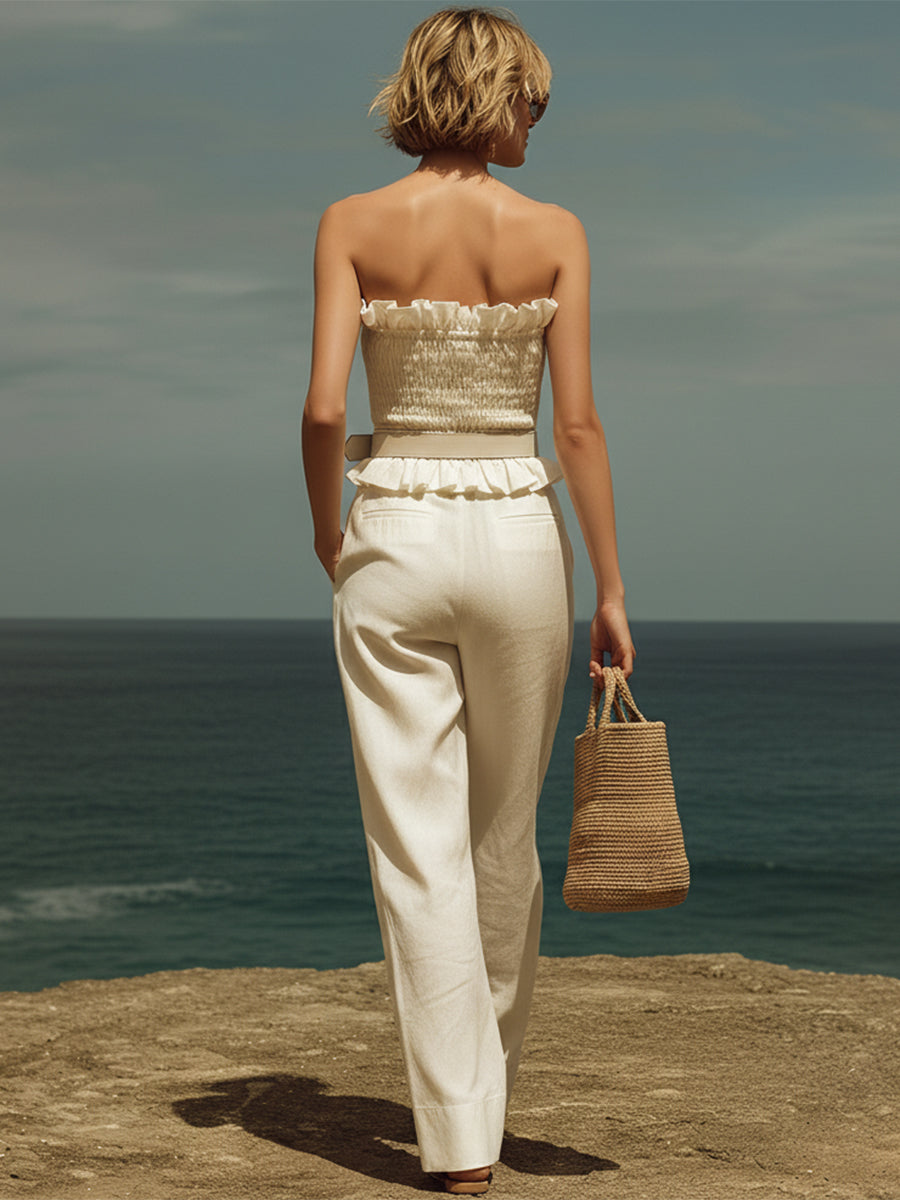 French Minimalist Off-white Cotton Linen Strapless Top And Wide-leg Pants Set