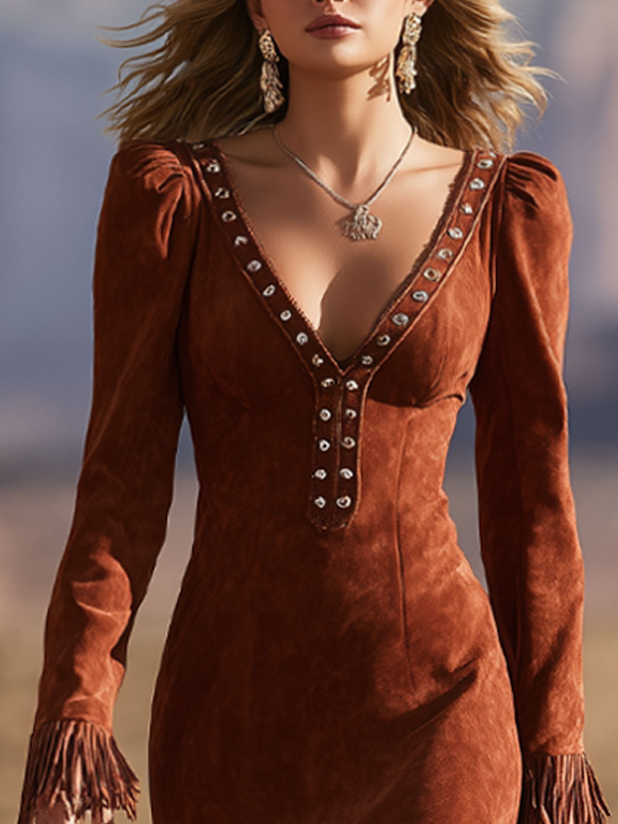 Western Retro Reddish Brown Suede Tassel Rivet V-Neck Mini Dress