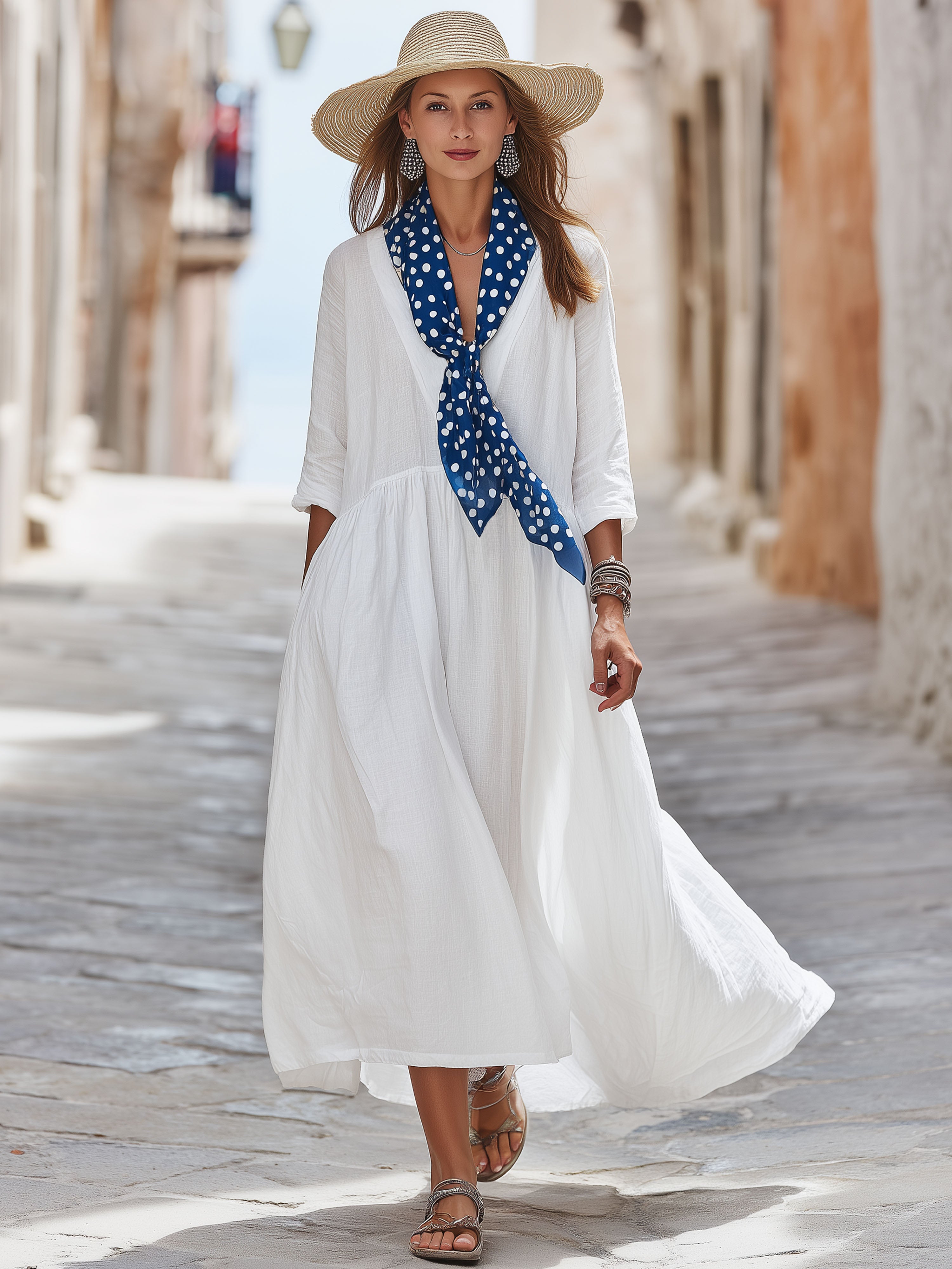 Elegant Blue Polka Dot Scarf And White Cotton Linen Mid-Sleeve Maxi Dress