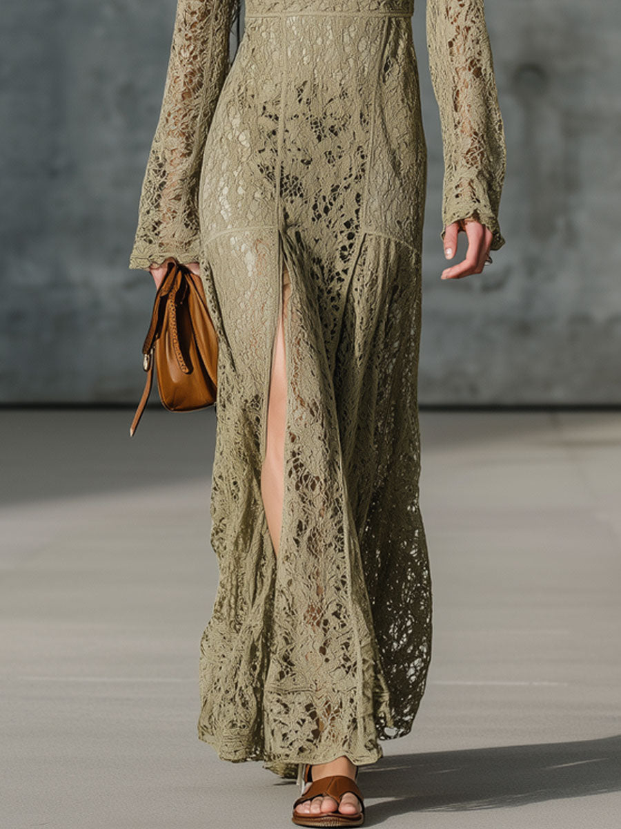 Fashion Retro Olive Green Lace V-Neck Long-Sleeved Slit Maxi Dress