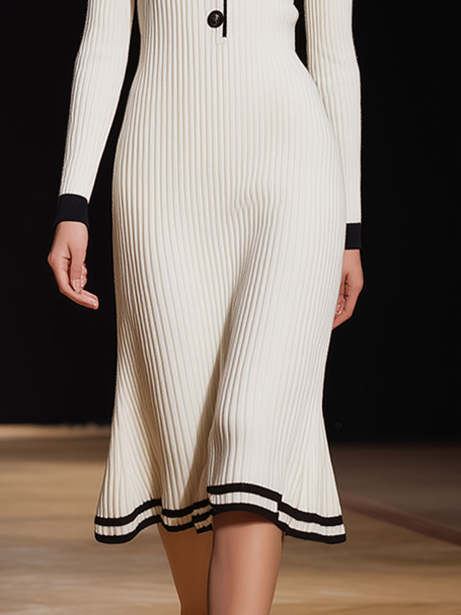 Retro Contrast Collar White Knitted Ribbed Long Sleeve Midi Dress
