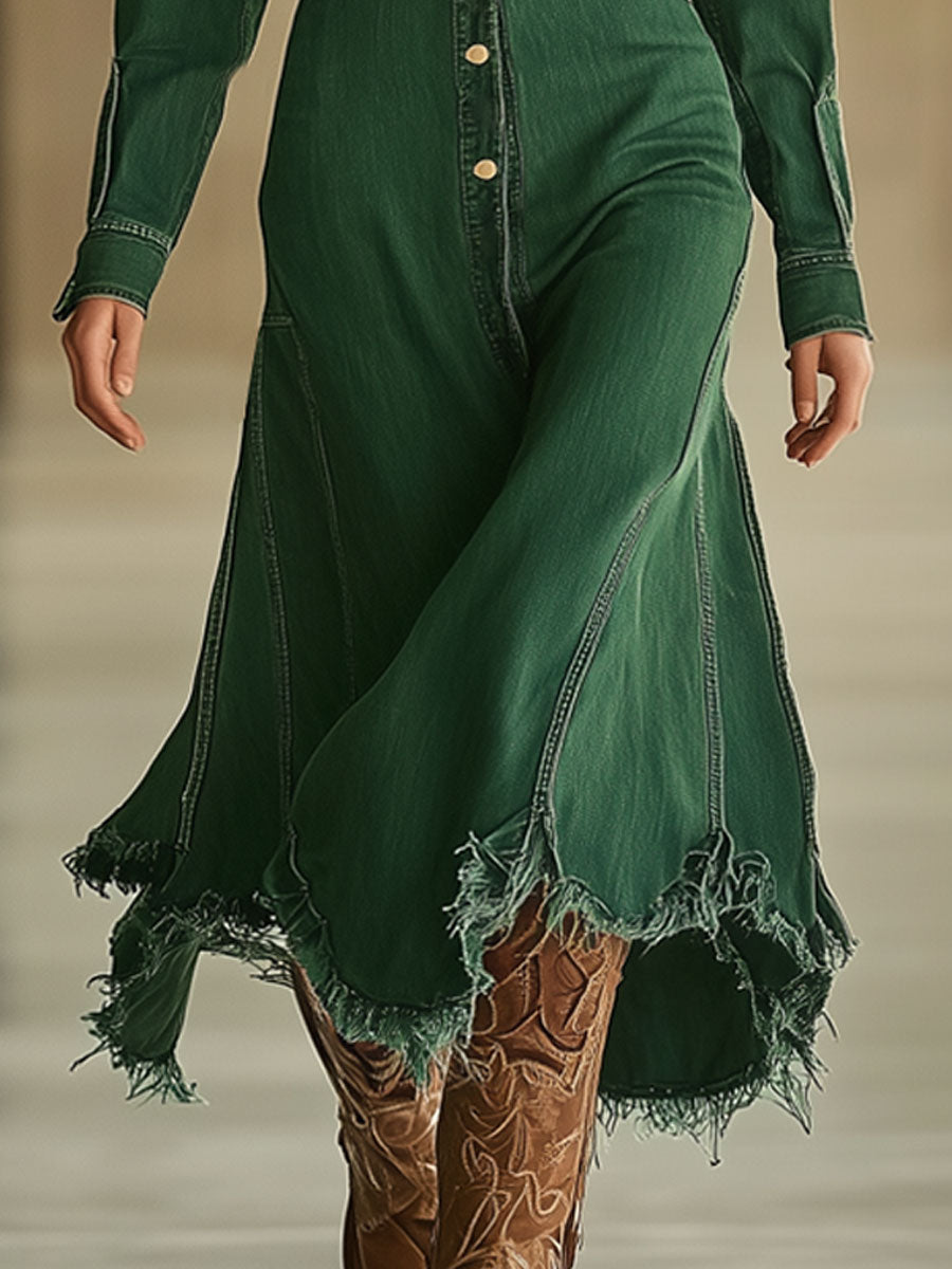 Vintage Green Denim Long Sleeve Elastic Waist A-Line Raw Edge Midi Dress