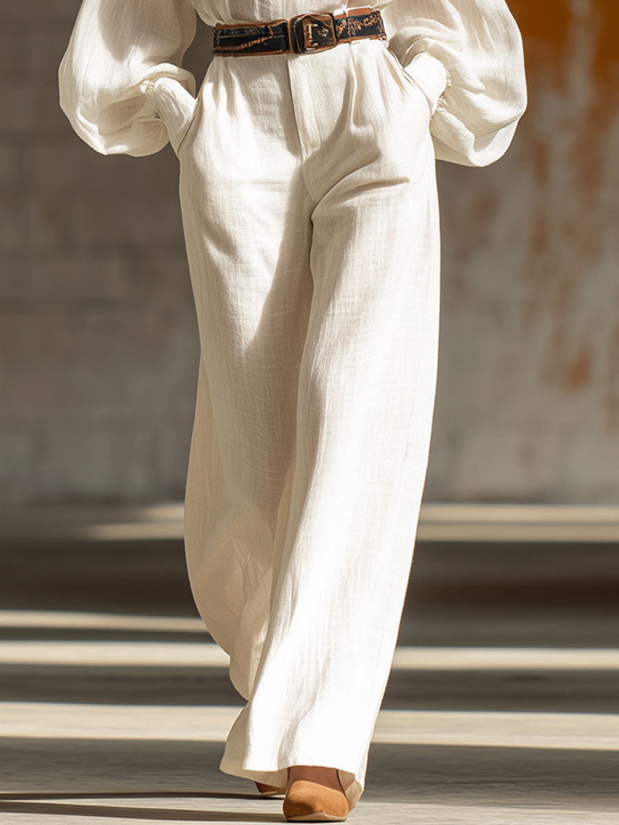 Vintage White Cotton And Linen Lantern Long-Sleeved Lace-Up Wide-Leg Jumpsuit