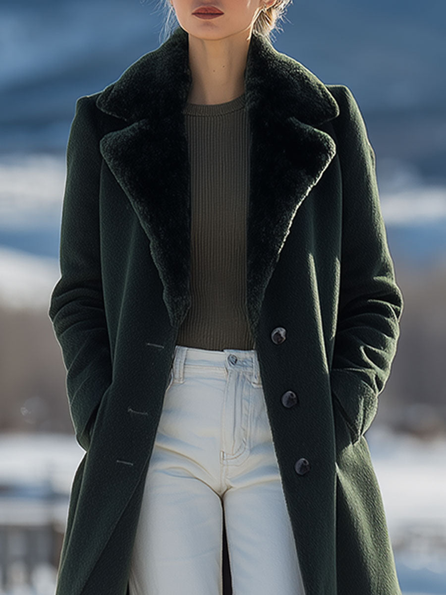 Fashionable And Casual Green Suede Fur Collar Long Coat