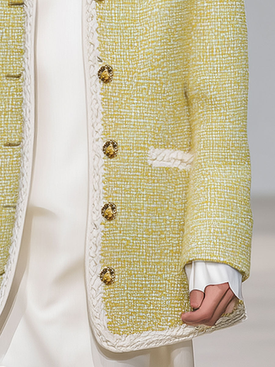 Elegant And Fashionable Yellow Tweed Jacket With Shirt Collar