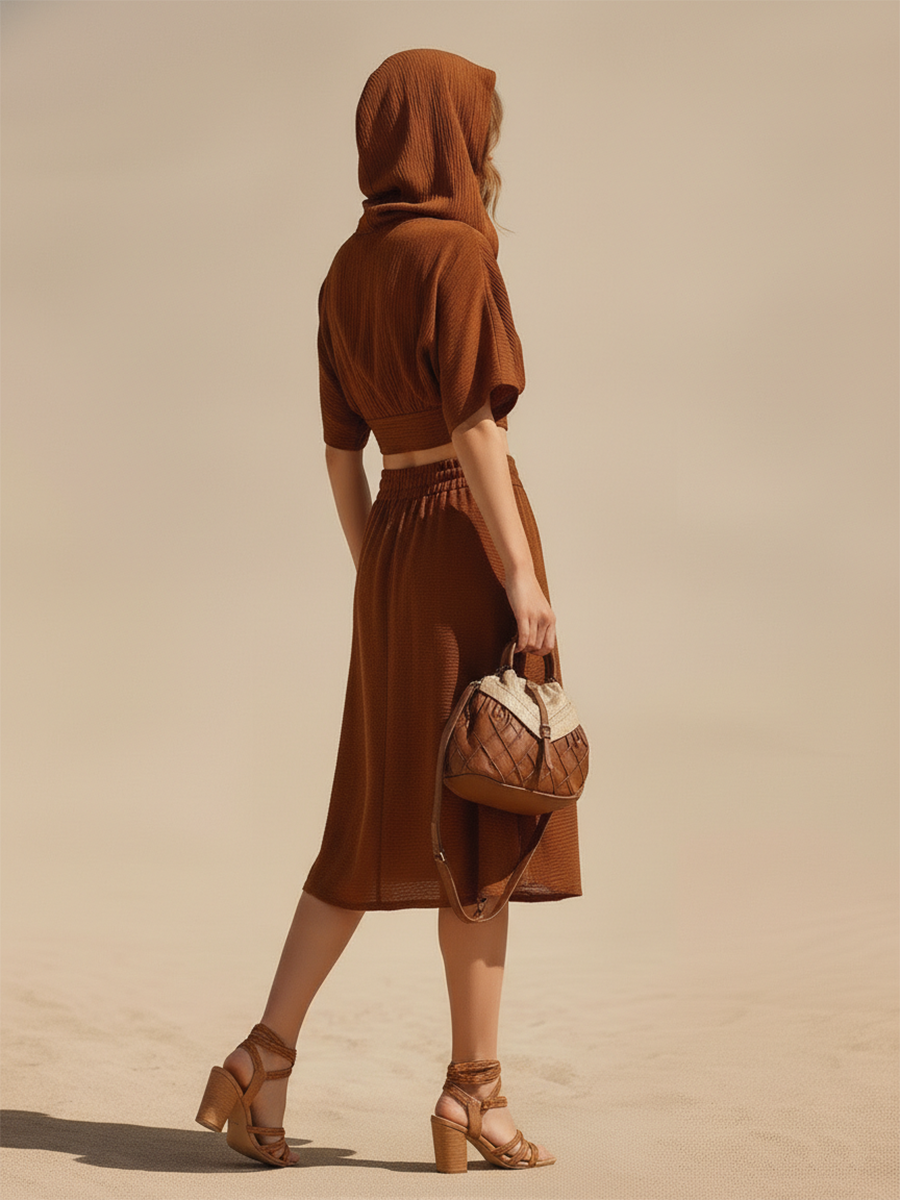 Vacation-style Hooded V-neck Short-sleeved Top And Skirt Set