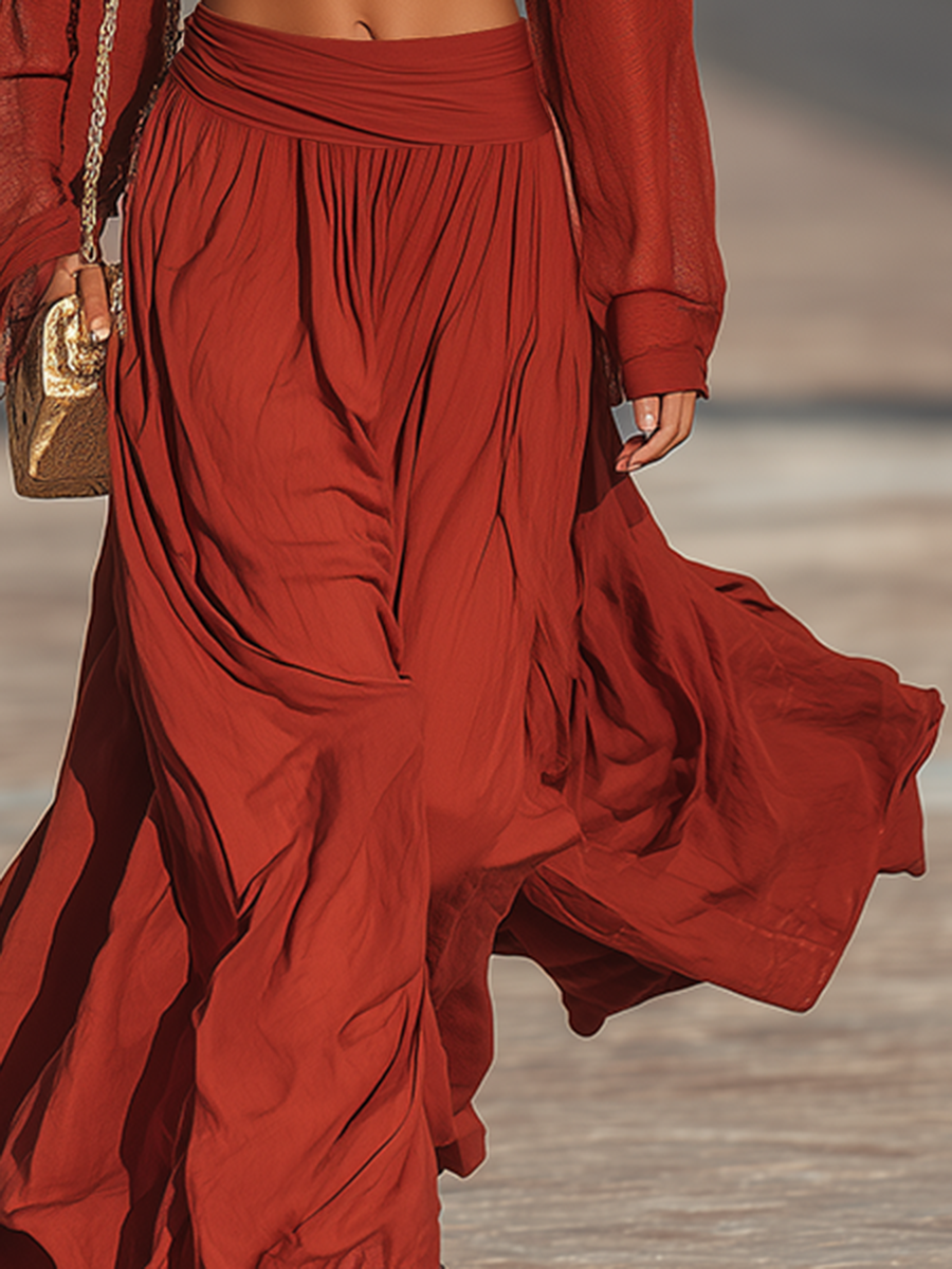 Cotton Resort-style V-neck Long-sleeved Top And Skirt Set