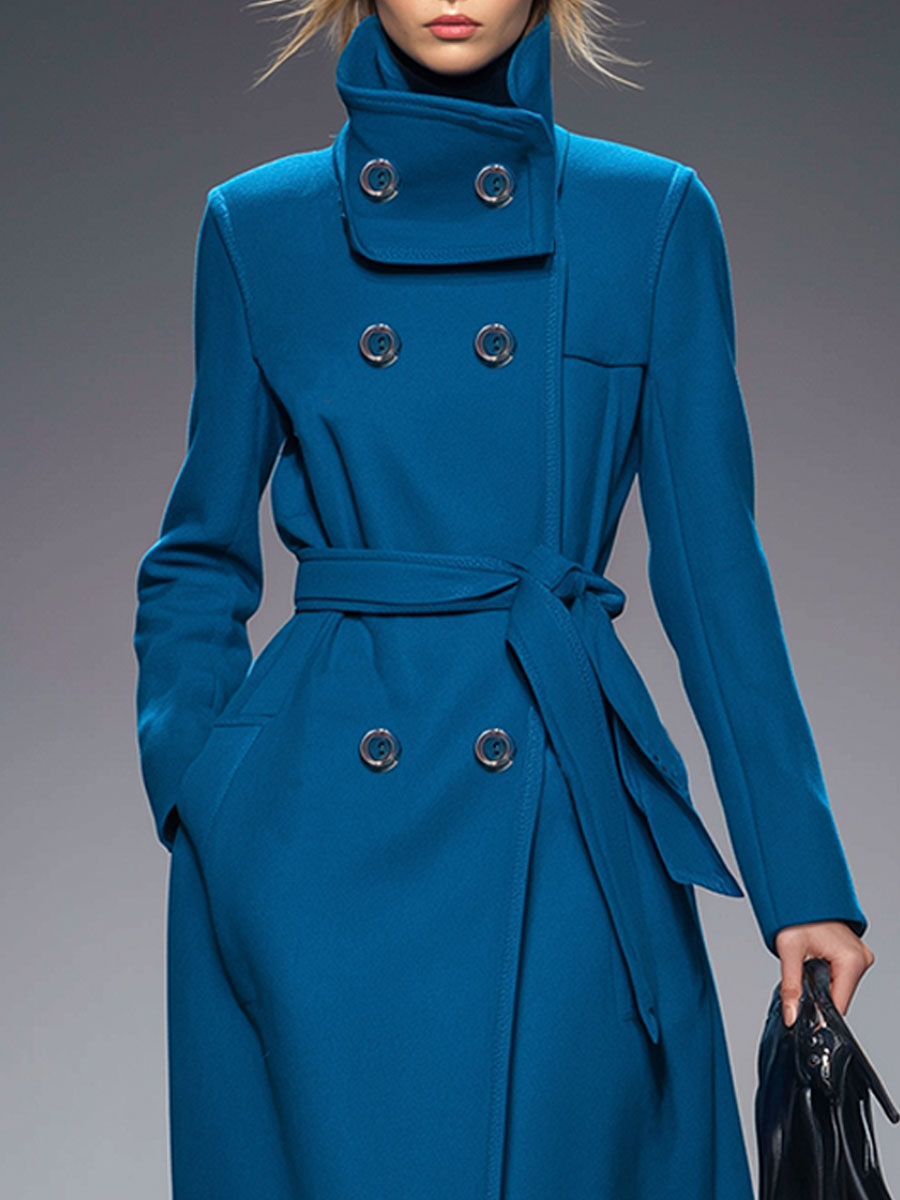 Casual Loose Blue Wool Double-Breasted Long Coat