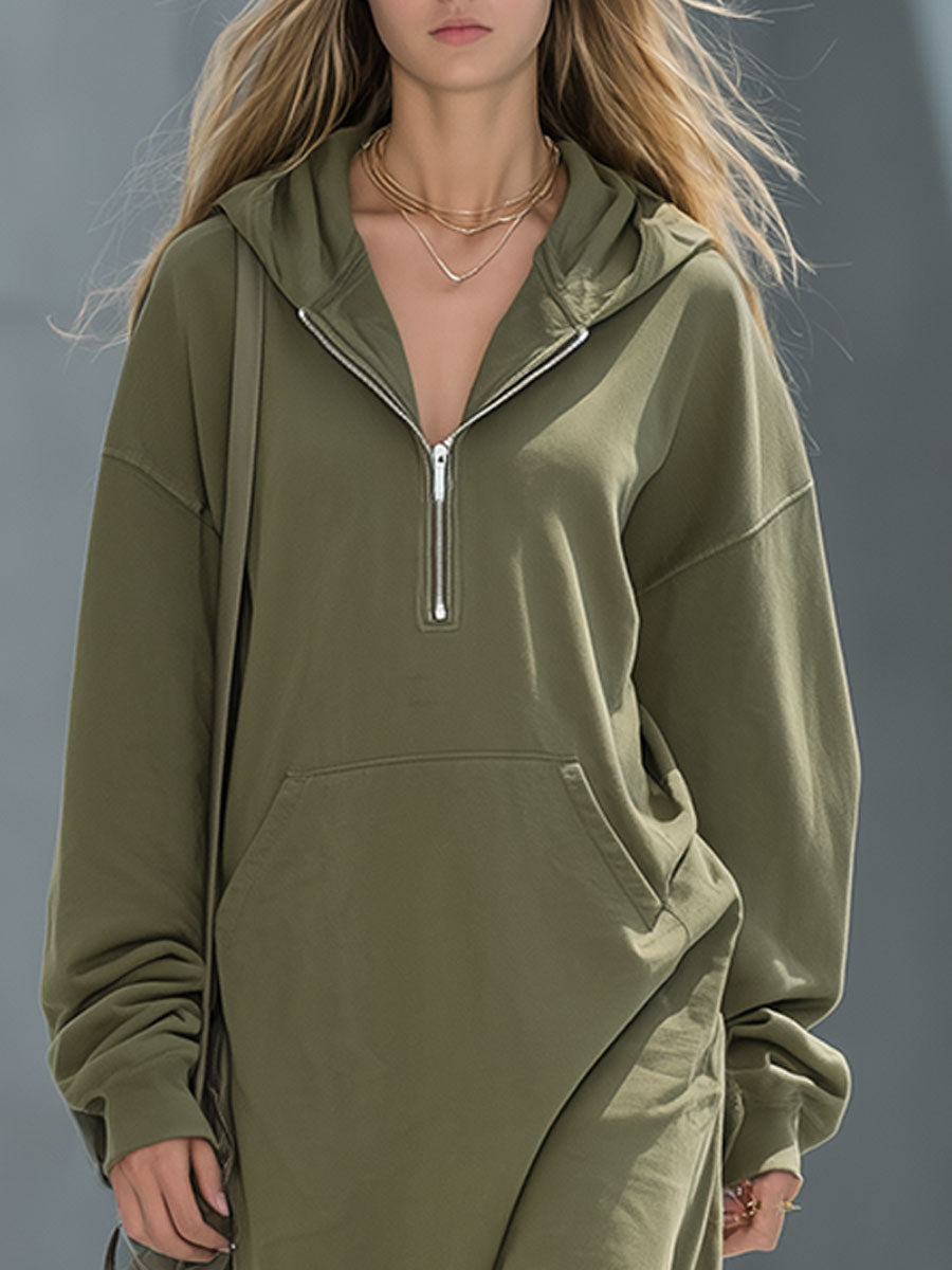 Retro Sports Style Green Hooded Zip-Up Long Dress