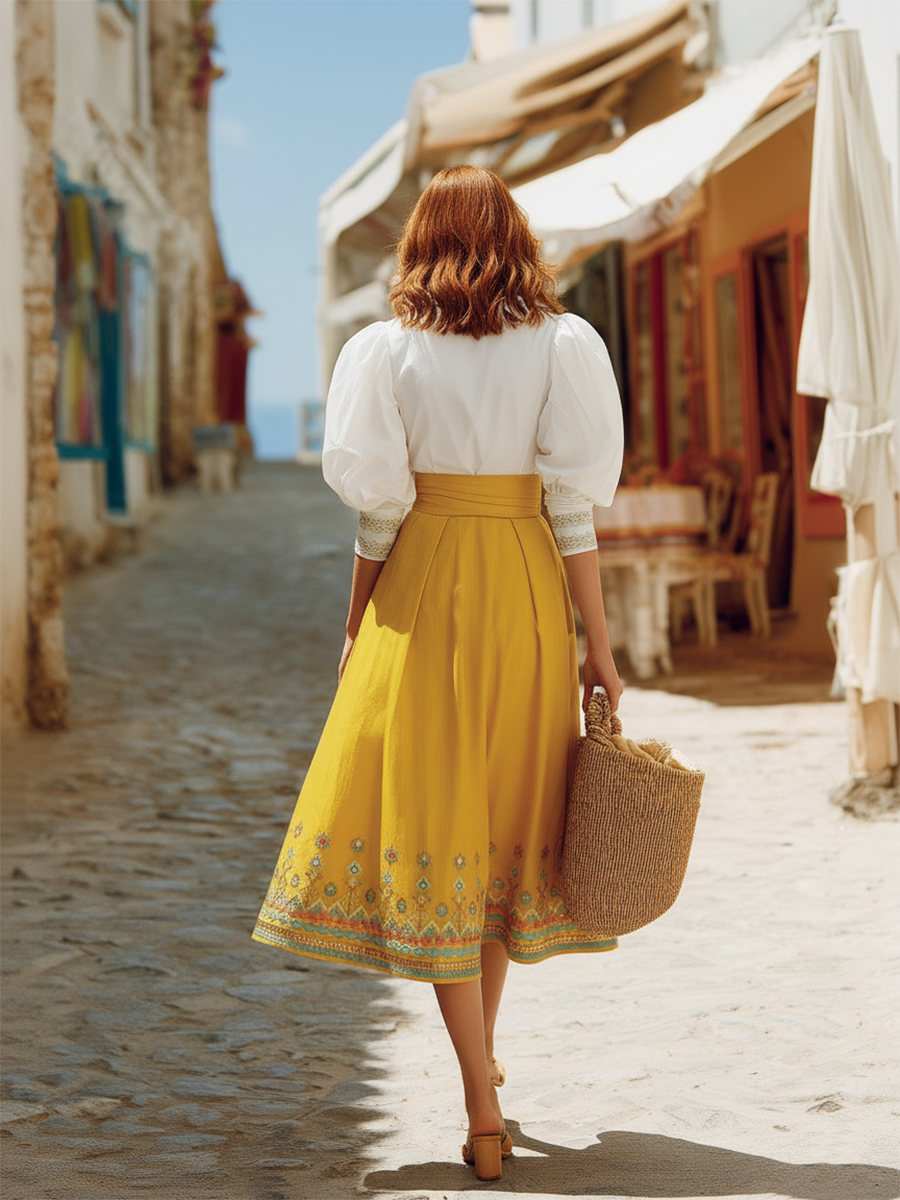 Bohemian Style Cotton V-neck Embroidered Skirt Set