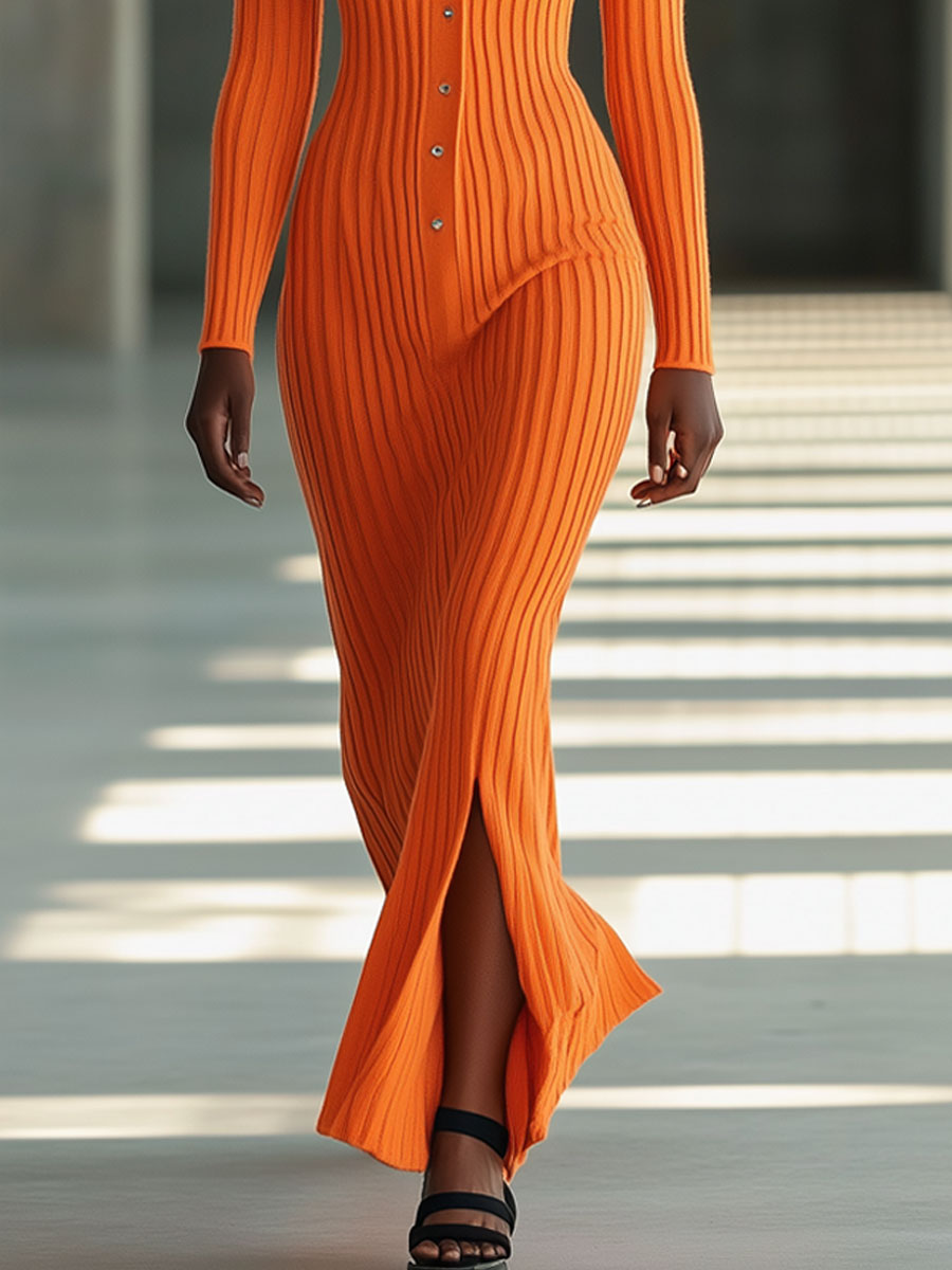 Fashion Orange Knitted Polo Long Sleeve Slit Maxi Dress