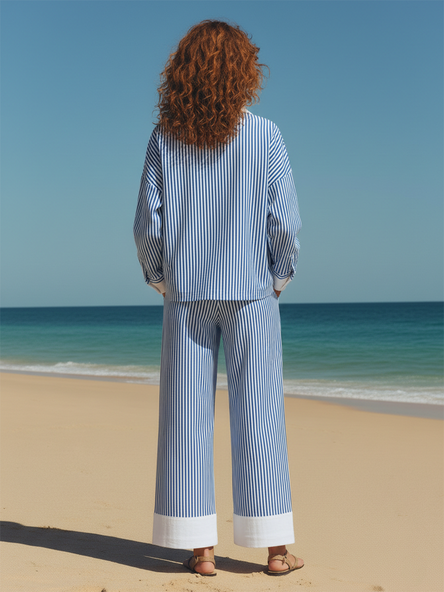 Resort-style Blue And White Striped Long-sleeved Shirt And Wide-leg Pants Set