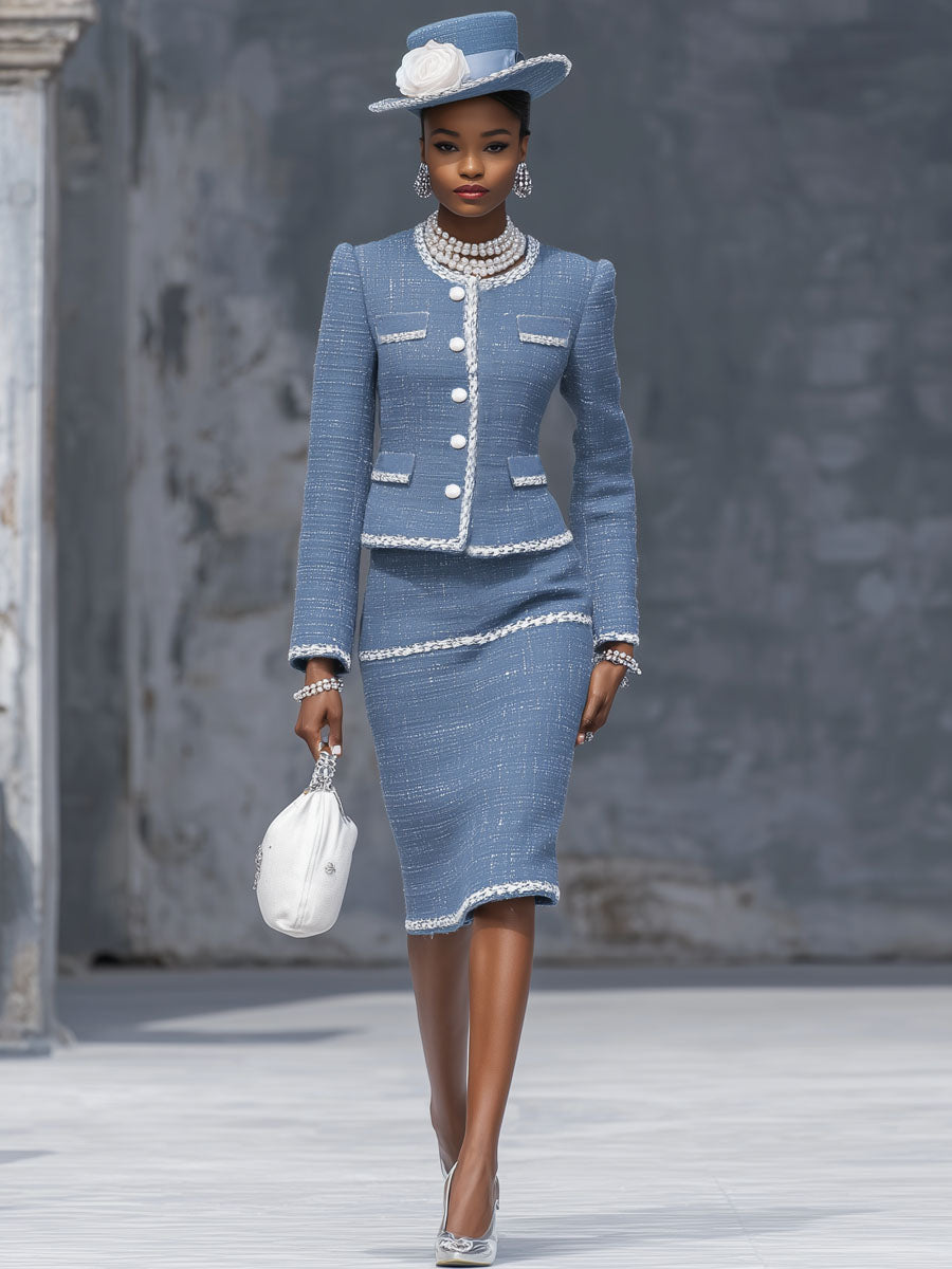 Elegant Single-breasted Blazer And Skirt Tweed Two-piece Suit