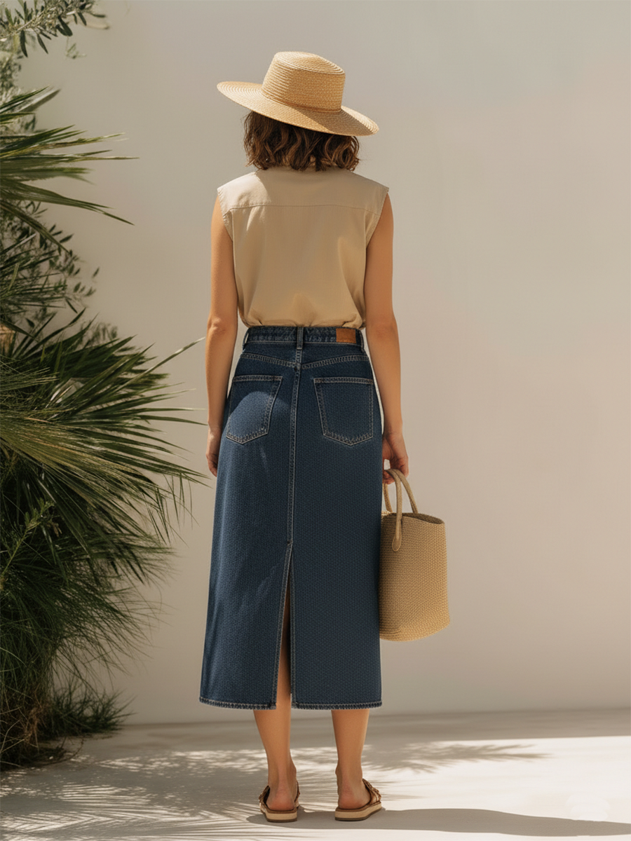 Resort Style Sleeveless Top And Denim Skirt Set